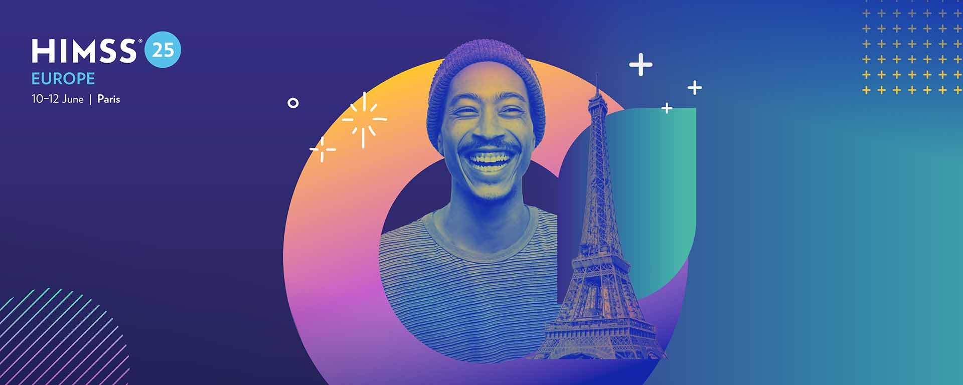 Smiling person and Eiffel Tower with HIMSS25 EU logo