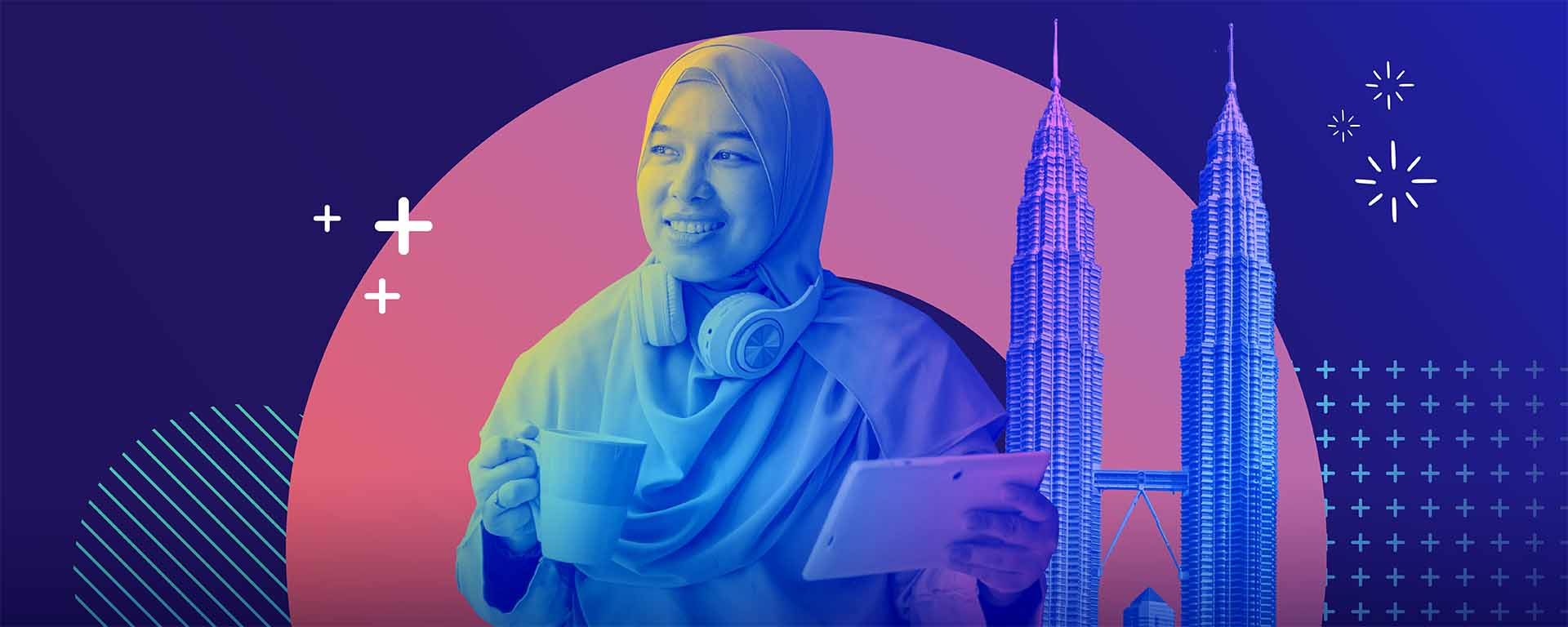 Person with mug and tablet and Petronas Towers in background