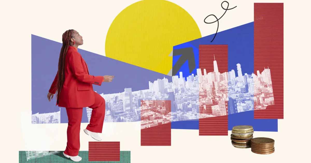 Person in red suit stepping up in a bar graph