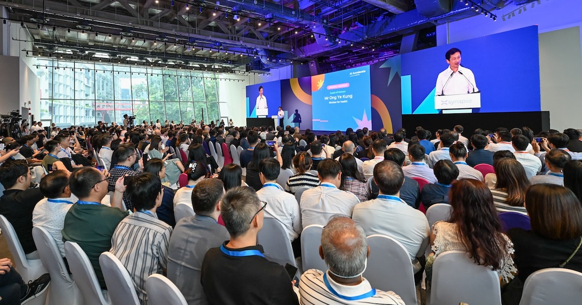 Minister Ong Ye Kung speaking at the inaugural Synapxe AI conference