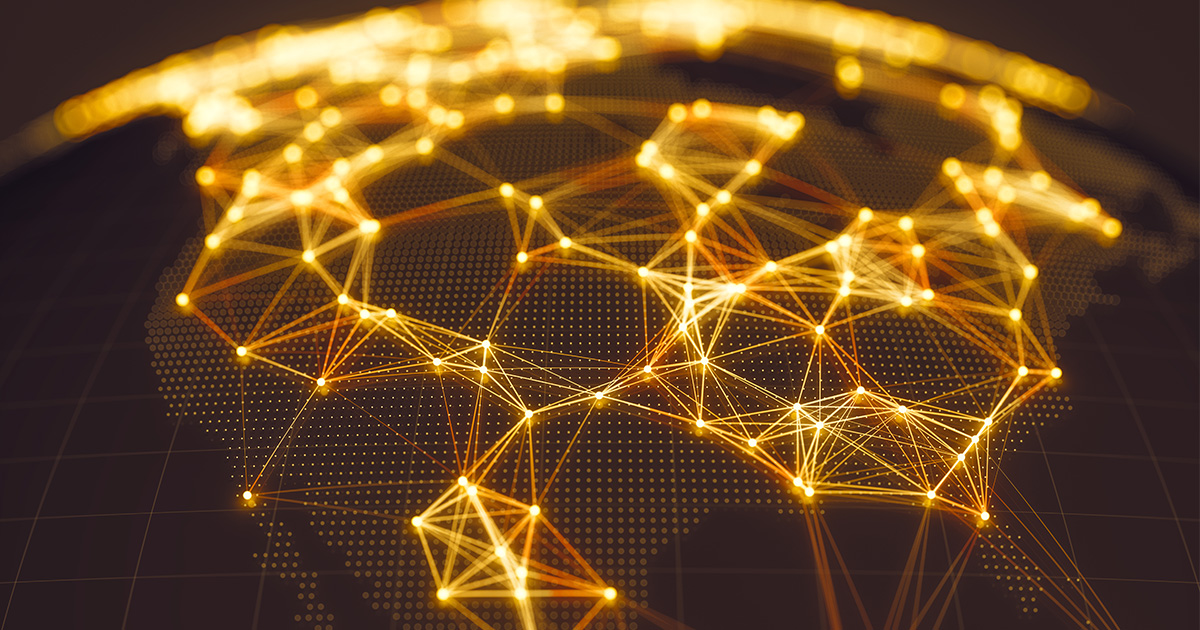 Black map of U.S. lit up with data connectivity in bands of gold light