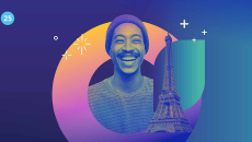 Smiling person and Eiffel Tower with HIMSS25 EU logo