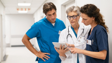 Hospital staff review info on a tablet