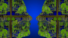 Two faces with computer chips inside look at each other