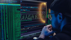 Hacker with glasses and hat looking at two screens with data and code
