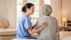 A nurse checking on a senior patient's lung sounds
