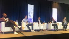 From left, Christopher Kunney moderates a panel of healthcare leaders Martin Raison, Ryan Sadeghian, Jyothi Karthik Raja and Ami Bhatt at the AI Leadership and Strategy Summit in Chicago.
