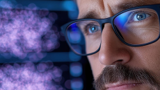 Face of man wearing glasses in front of a screen