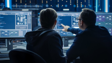 Two computer programmers working on code in desktop computers