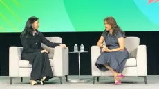 Dr. Sumbul Ahmad Desai (right), VP of Health and Fitness at Apple, speaks with moderator Dr. Amy Bhatt, chief innovation officer at the American College of Cardiology, during a keynote session at HIMSS26 on Wednesday.