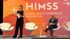 From left, Jessica Saleska, lead AI implementation researcher, Washington University’s School of Medicine, and Dr. Nathan Moore, BJC Healthcare's medical director, present at HIMSS26 in Las Vegas. 