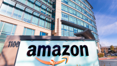 An Amazon sign in front of headquarters.