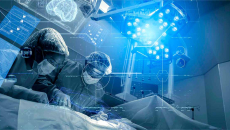 View of a surgery with superimposed digital information about the patient