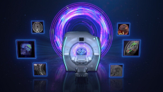 Rendering of MRI machine surrounded by MRI images