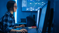 Woman in plaid with glasses at a computer