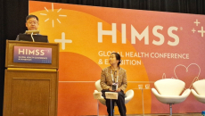 Seung Ho Lim, project manager for Samsung Medical Center in Korea, and Meong Hi Son, Samgung’s chief medical information officer and associate professor, speak at HIMSS25 in Las Vegas on Tuesday.