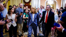 Sen. Lisa Murkowski (R-AK) and Sen. John Barrasso (R-WY) in the Capitol after the Senate vote-a-rama on July 1.