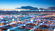 CGI grid overlay on an urban landscape