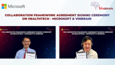Officials from Microsoft and VinBrain during their virtual signing of a health tech collaboration framework agreement