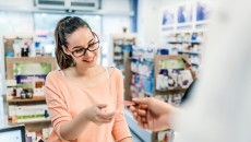 A customer paying using credit card in a pharmacy