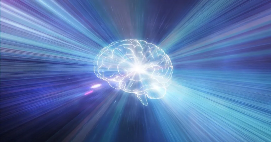 Digital image of a brain with light beams that represents generative AI