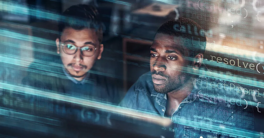 Two information workers with abstract of data