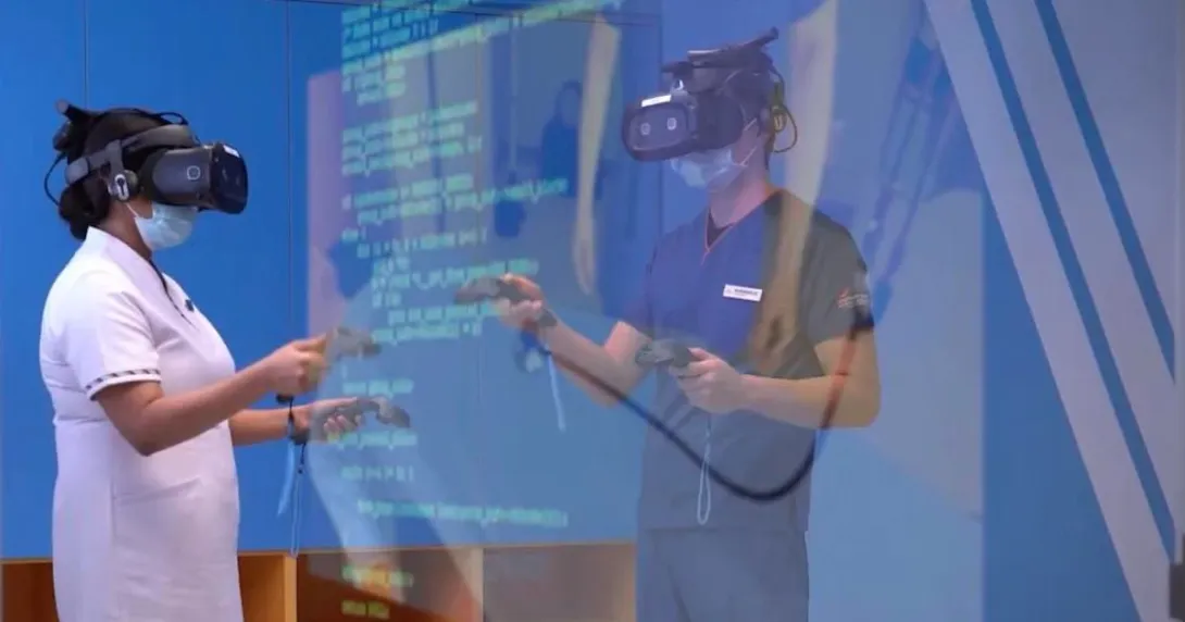 Medical students wearing XR headsets in a simulation training