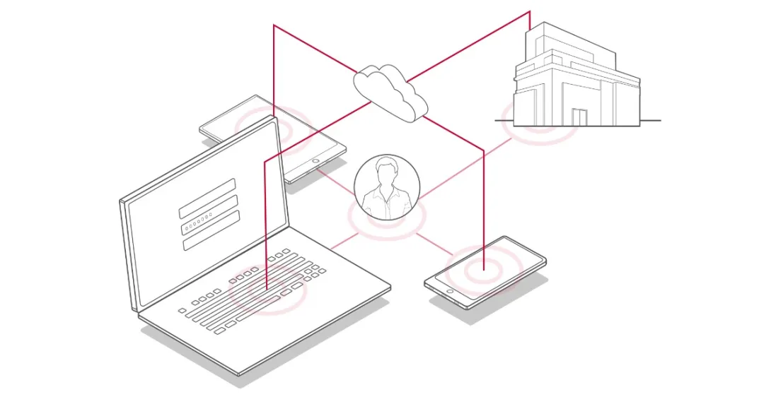 Cloud and person icons connected to laptop, smart devices, and hospital
