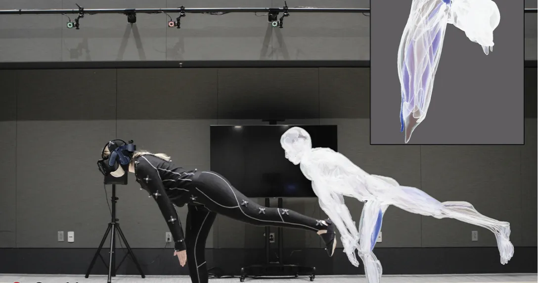 Person in covering suit with electrodes poses, with a duplicate image of the figure nearby