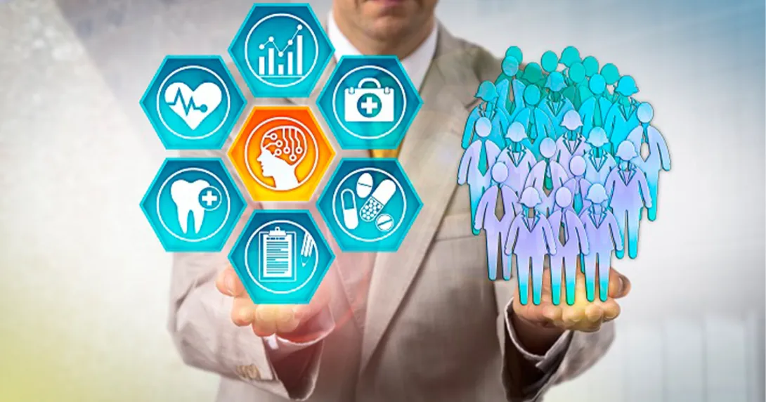 A person in a suit holds graphic healthcare solutions in one hand, and a graphic of people in the other.