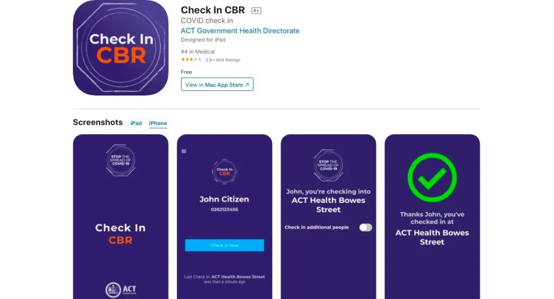 Screenshot of Check In CBR app on the Apple App Store