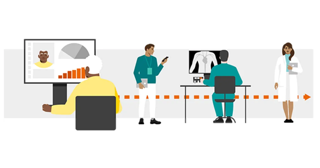Illustration of patient looking at electronic health record and medical workers looking at images with arrow showing progression