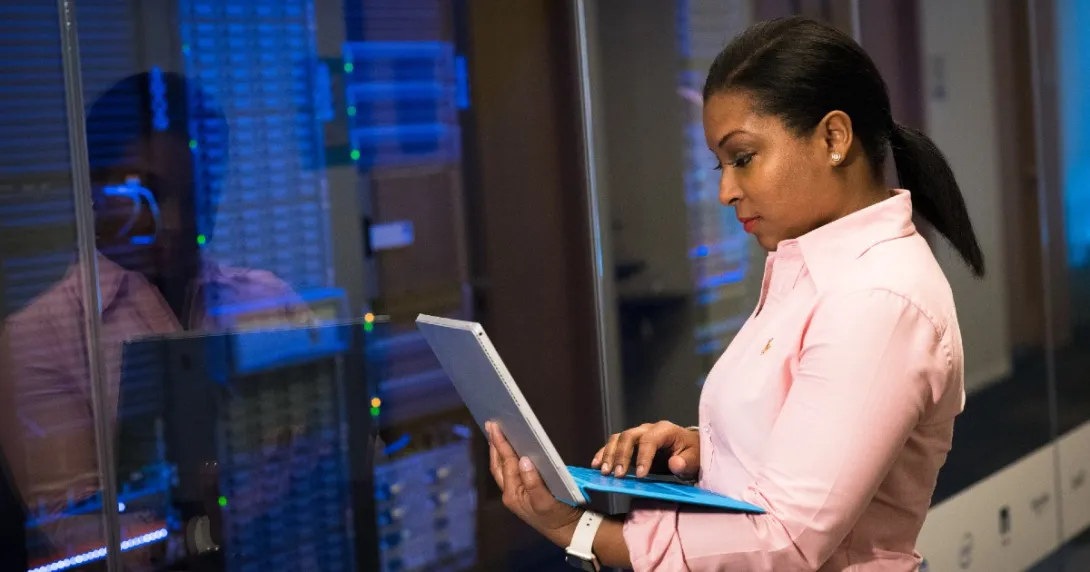 Cybersecurity professional in server room