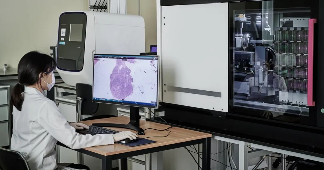 A clinician observing a heart scan through a computer.