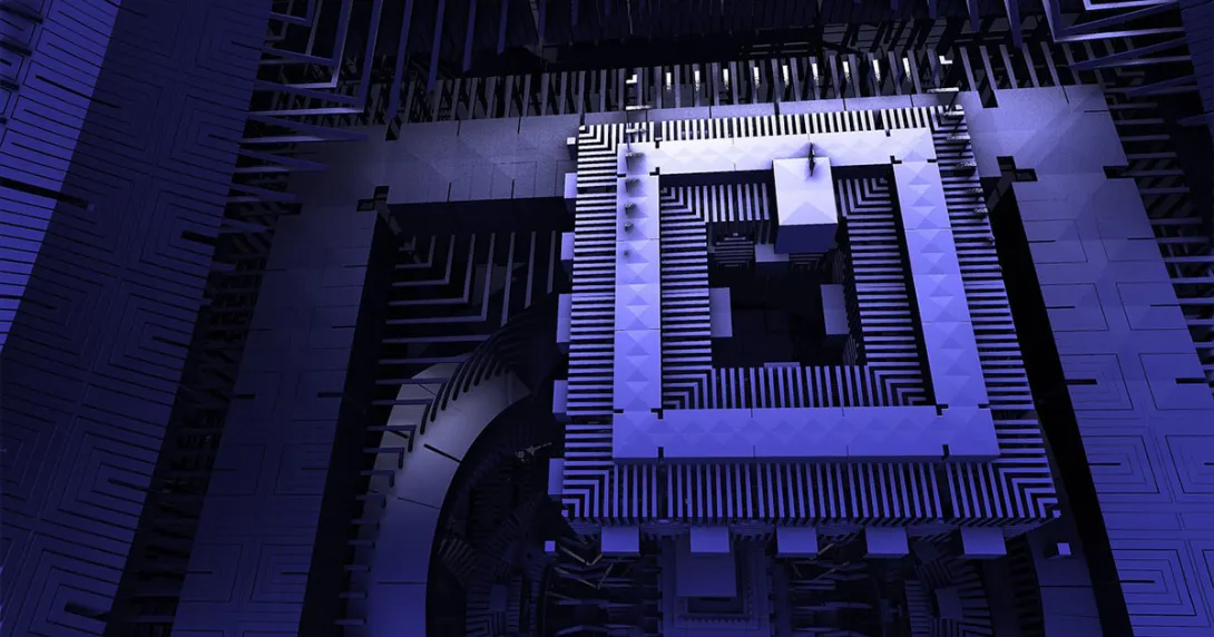 Square quantum computer components in blue.