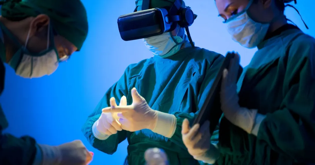 An operation where a surgeon uses virtual reality glasses