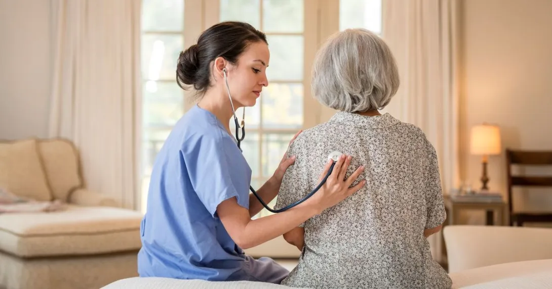 A nurse listening to an elderly patient's chest sounds