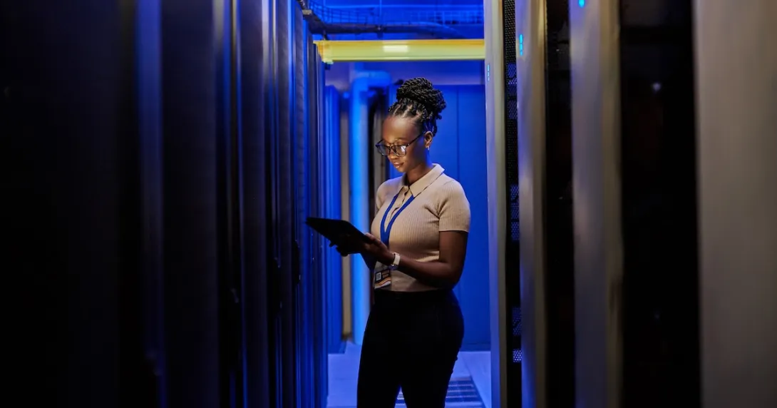 An engineer assessing data servers