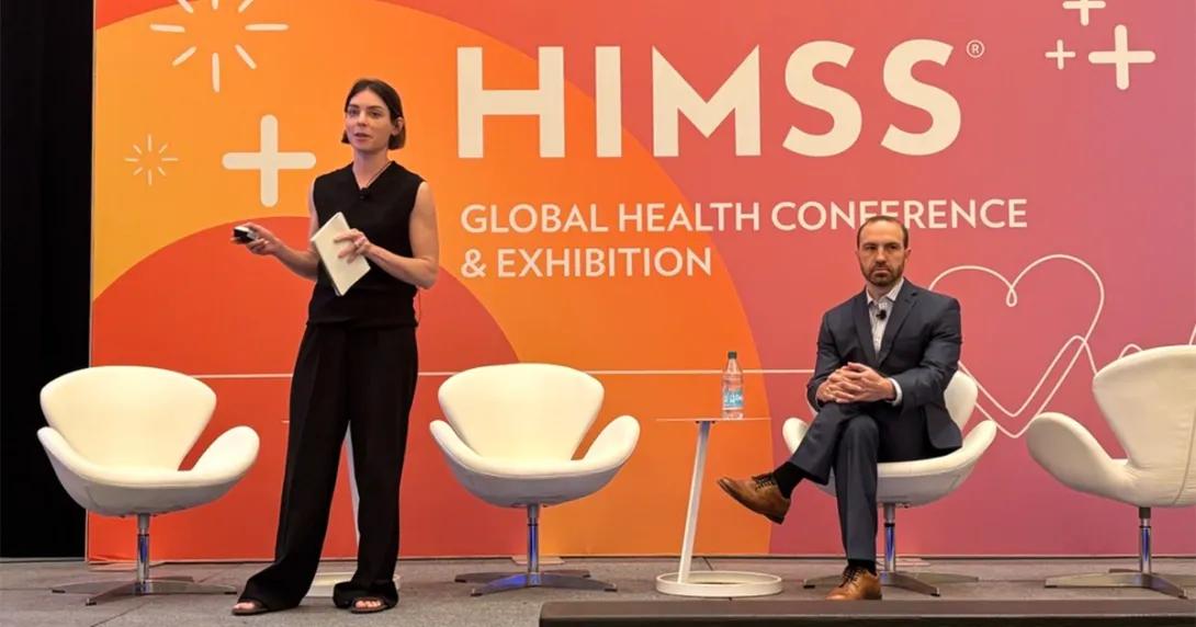 From left, Jessica Saleska, lead AI implementation researcher, Washington University’s School of Medicine, and Dr. Nathan Moore, BJC Healthcare's medical director, present at HIMSS26 in Las Vegas. 