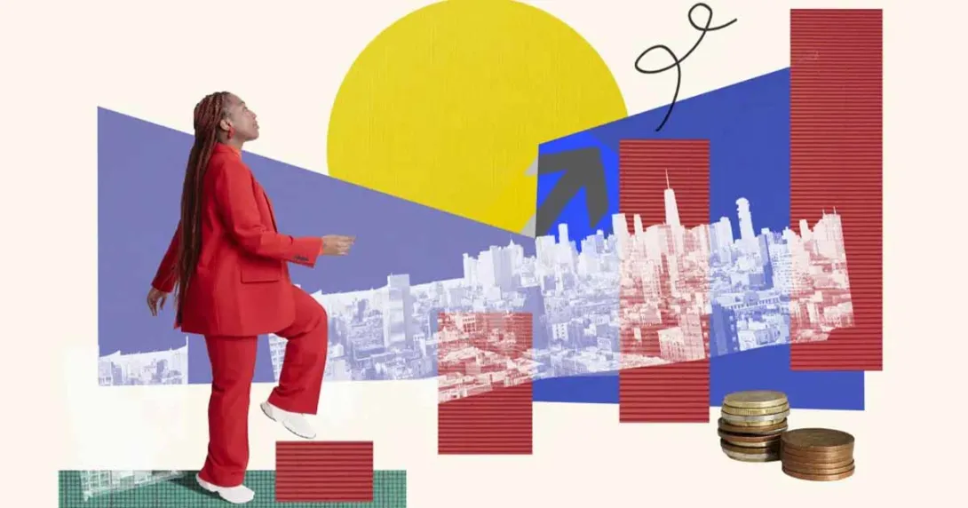 Person in red suit stepping up in a bar graph