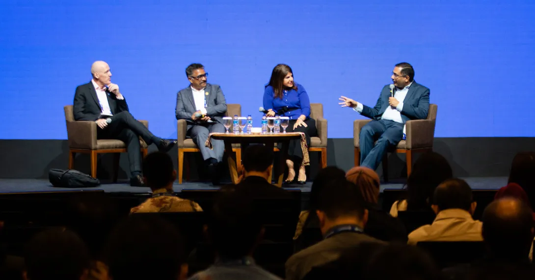 Andrew Pearce, VP Analytics and Global Advisory Lead, HIMSS; Veneeth Purushotaman, CIO, Aster DM Healthcare; Dr Tamara Sunbul, Medical Director of Clinical Informatics, Johns Hopkins Aramco Healthcare; and Arvind Sivaramakrishnan, CIO, Karkinos Healthcare
