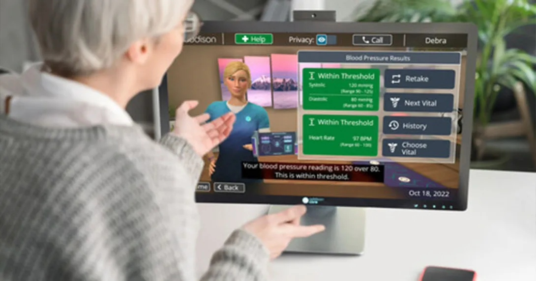 Person interacts with animated figure appearing on a screen