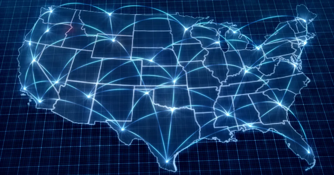 Map of U.S. shows health information data exchange points in blue fiber optic light