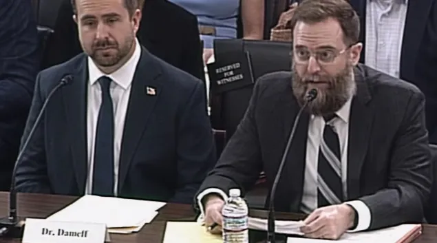 Erik Decker (right) of Intermountain, speaks Tuesday before a House subcommittee. Seated next to him is Dr. Christian Dameff of the University of California San Diego Health.