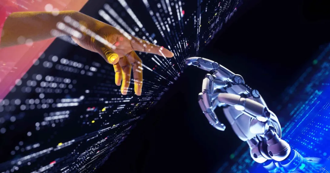 human hand touching robot hand through screen of data