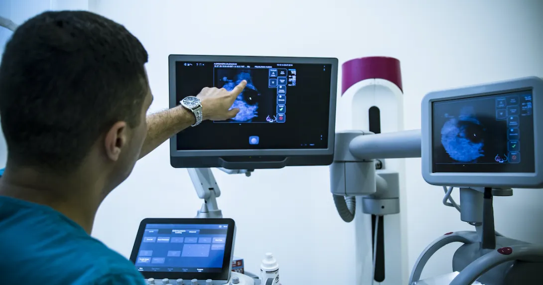 doctor points at an image on one screen at a multi-screen medical station
