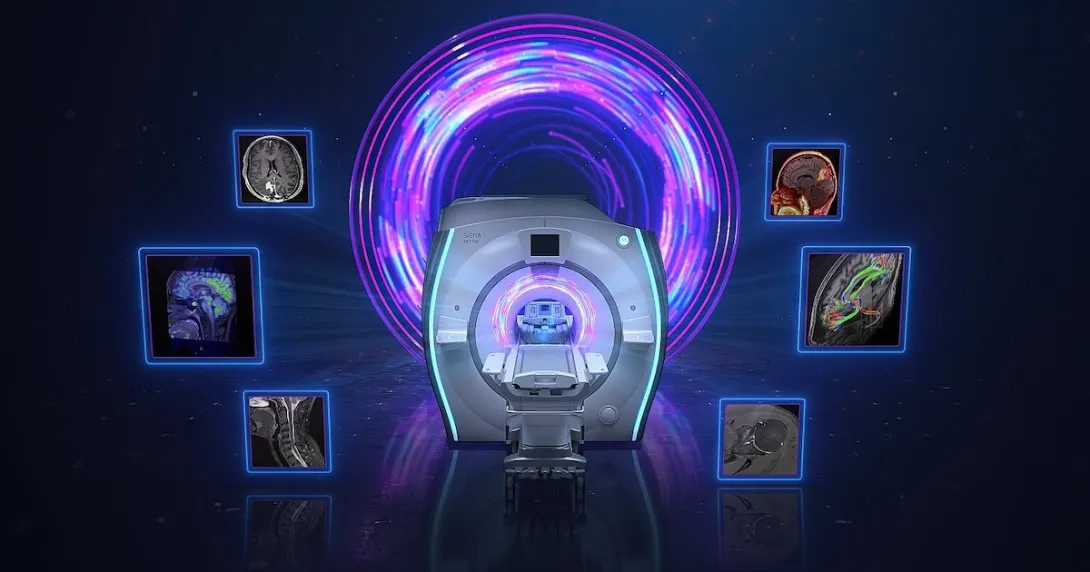 Rendering of MRI machine surrounded by MRI images