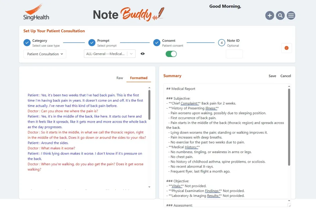 A screenshot of a transcription and medical summary on Note Buddy.