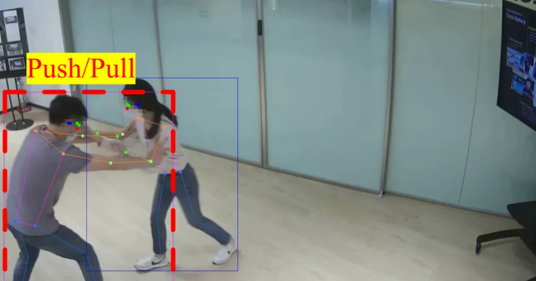 A CCTV screen showing an AI identifying an individual's push-pull behaviour