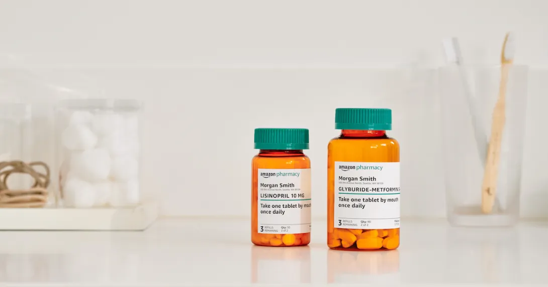 Amazon drug prescription bottles on a table